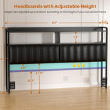 Black Headboard for Bed Frame, Upholstered Headboards with Outlets, USB Pots, LED Lights, Height Adjustable