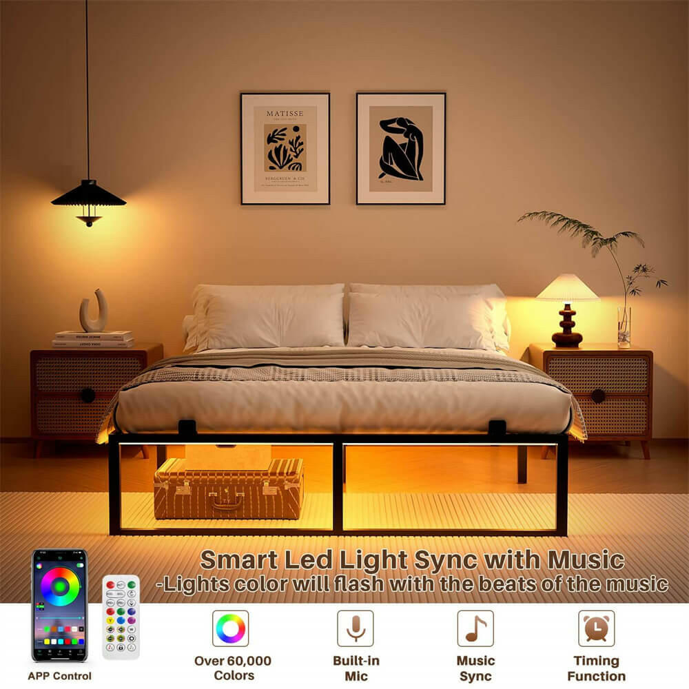 Unikito Bed Frame with Charging Station and LED Lights, Metal Platform Bed Frame with Non-Slip Mattress Gaskets, No Box Spring Needed, Easy Assembly