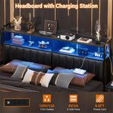 Black Headboard for Bed Frame, Upholstered Headboards with Outlets, USB Pots, LED Lights, Height Adjustable