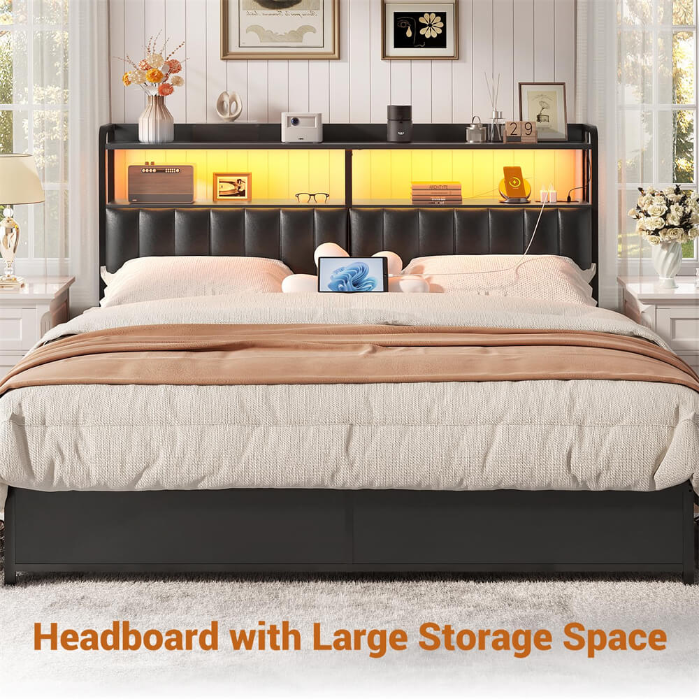 Black Headboard for Bed Frame, Upholstered Headboards with Outlets, USB Pots, LED Lights, Height Adjustable