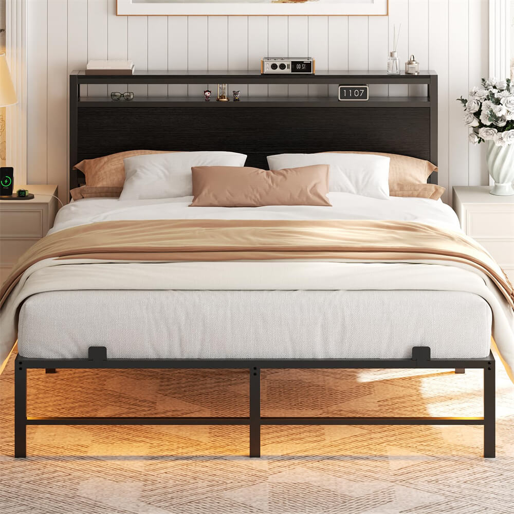 Queen Size Bed Frame with Headboard, Metal Platform Bed Frame with LED Light and Power Outlets