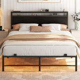 Queen Size Bed Frame with Headboard, Metal Platform Bed Frame with LED Light and Power Outlets