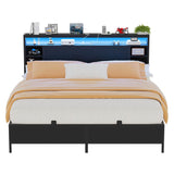 Queen Size Bed Frame with Storage Headboard, Power Outlets, and LED Lights, No Box Spring Needed