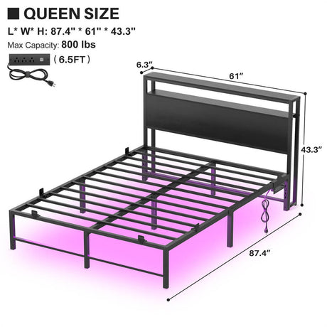 Queen Size Bed Frame with Headboard, Metal Platform Bed Frame with LED Light and Power Outlets