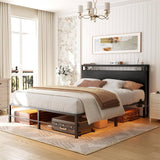 Queen Size Bed Frame with Headboard, Metal Platform Bed Frame with LED Light and Power Outlets