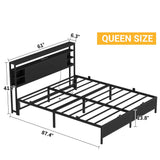 Queen Size Bed Frame with Storage Headboard, Power Outlets, and LED Lights, No Box Spring Needed