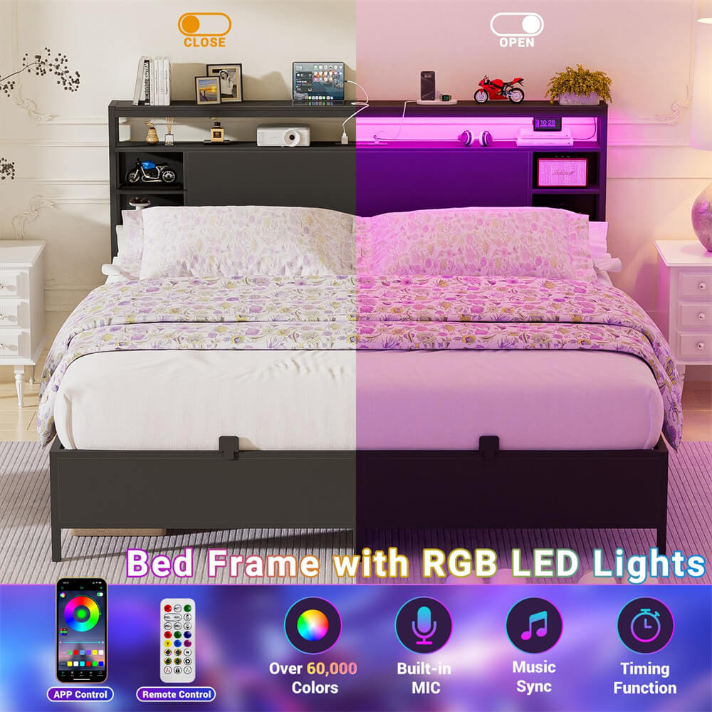 Queen Size Bed Frame with Storage Headboard, Power Outlets, and LED Lights, No Box Spring Needed