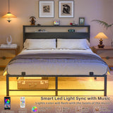 Queen Size Bed Frame with Headboard, Metal Platform Bed Frame with LED Light and Power Outlets