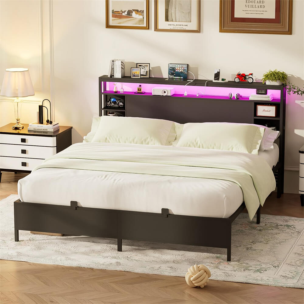 Queen Size Bed Frame with Storage Headboard, Power Outlets, and LED Lights, No Box Spring Needed