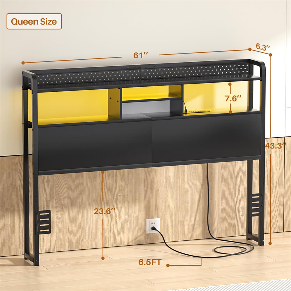 Unikito Headboard for Queen Size Bed with Storage Shelf, Head board with 3 Outlets and 2 USB Ports, Headboards with RGB LED Light, Height Adjustable, Sturdy and Stable, Easy Assembly