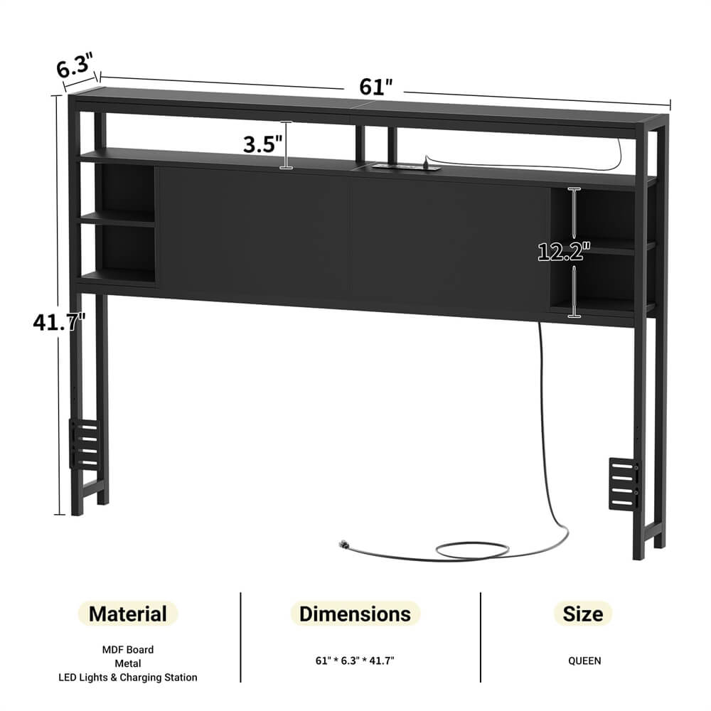 Queen Size Bookcase Headboard with Storage, Power Outlets, and RGB LED Light