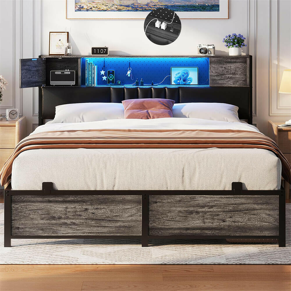 Unikito Queen Size Bed Frame with LED Light and Upholstered Storage Headboard, Metal Platform Full Bed Frame with Charging Station, No Box Spring Needed, Easy Assembly, Noise-Free