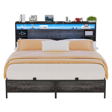 Queen Size Bed Frame with Storage Headboard, Power Outlets, and LED Lights, No Box Spring Needed