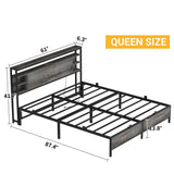 Queen Size Bed Frame with Storage Headboard, Power Outlets, and LED Lights, No Box Spring Needed