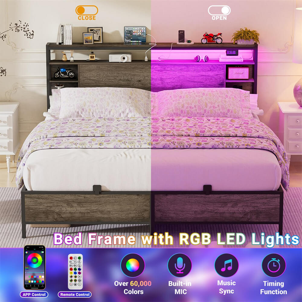 Queen Size Bed Frame with Storage Headboard, Power Outlets, and LED Lights, No Box Spring Needed