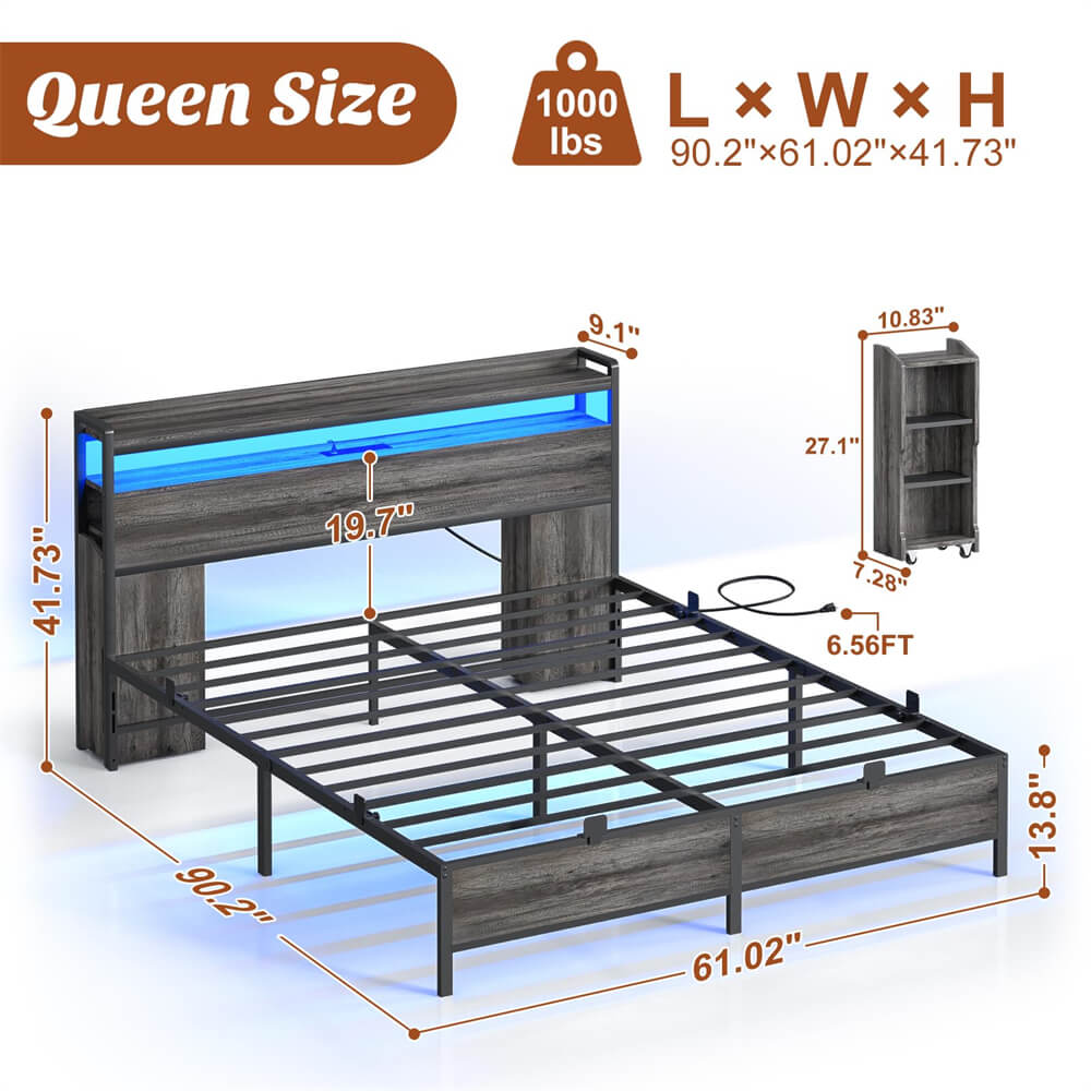 Unikito Queen Size Bed Frame with Bookcase Storage Headboard and LED Light, Queen Size Bed with Slide Bedside Cabinet and Charging Station, Heavy Duty Metal Slat, No Box Spring Needed, Noise Free