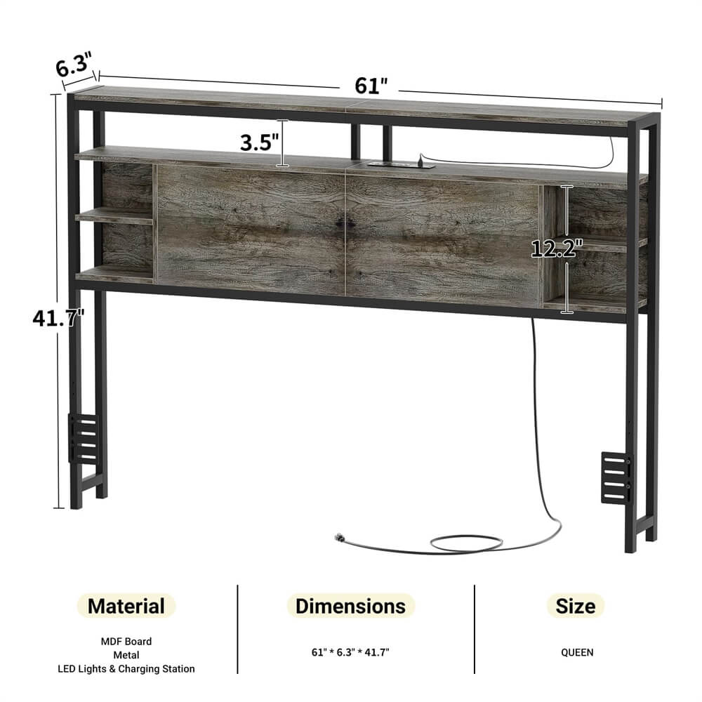 Queen Size Bookcase Headboard with Storage, Power Outlets, and RGB LED Light