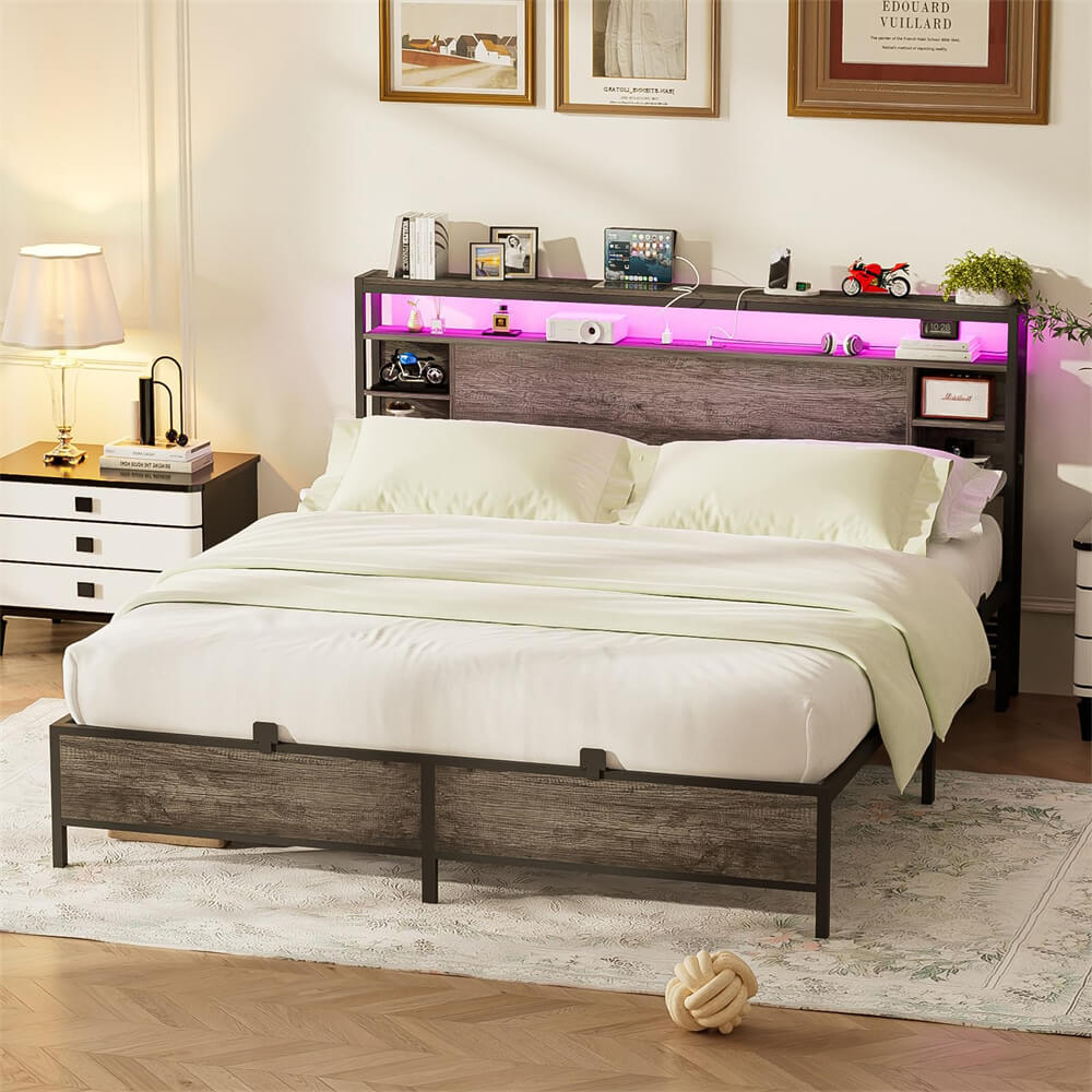 Queen Size Bed Frame with Storage Headboard, Power Outlets, and LED Lights, No Box Spring Needed