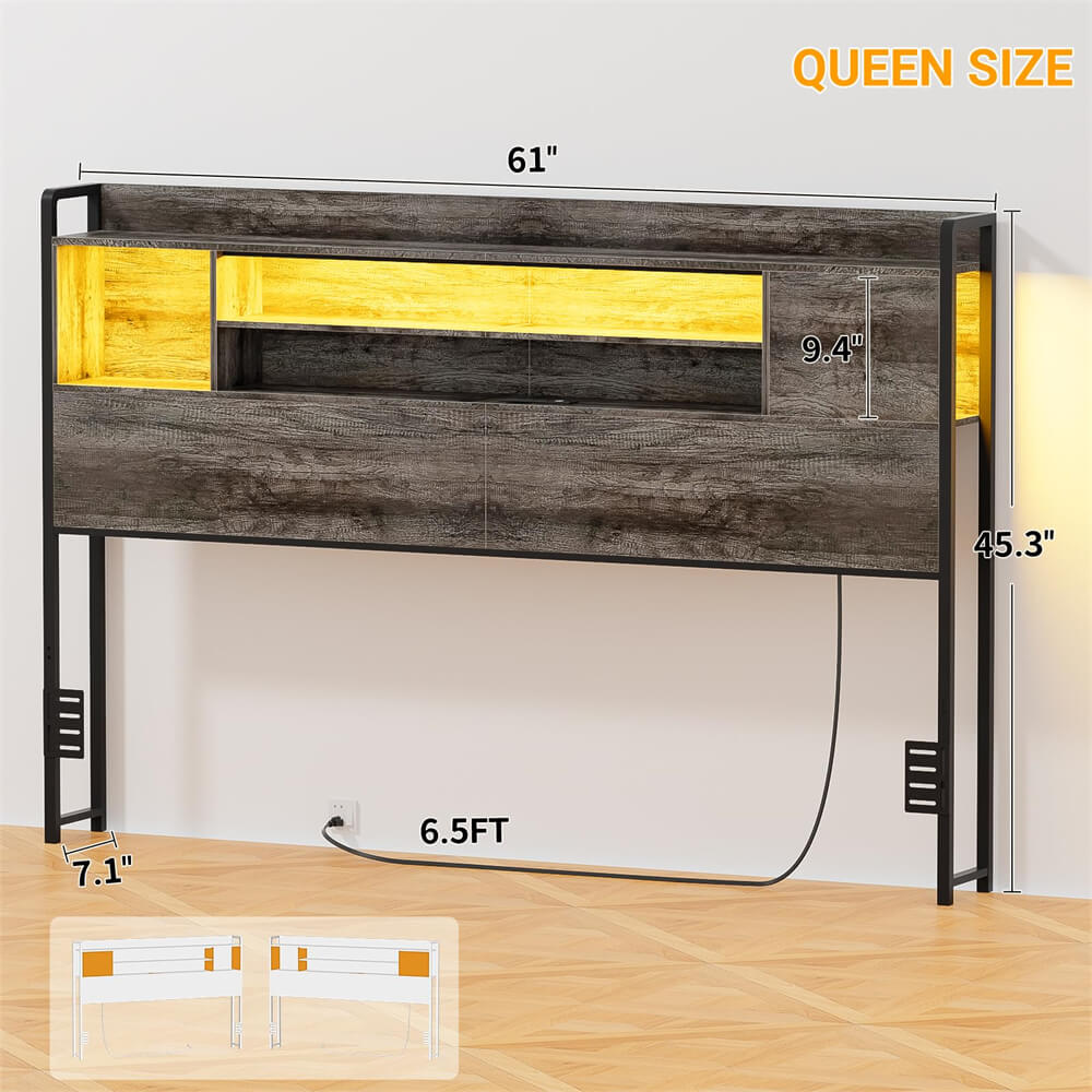 Unikito Headboard for Queen Size Bed, Bookcase Style Head Board with Power Outlet and RGB LED Light, Reversible Headboard with Storage, Height Adjustable, Sturdy and Stable