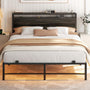 Queen Size Bed Frame with Headboard, Metal Platform Bed Frame with LED Light and Power Outlets