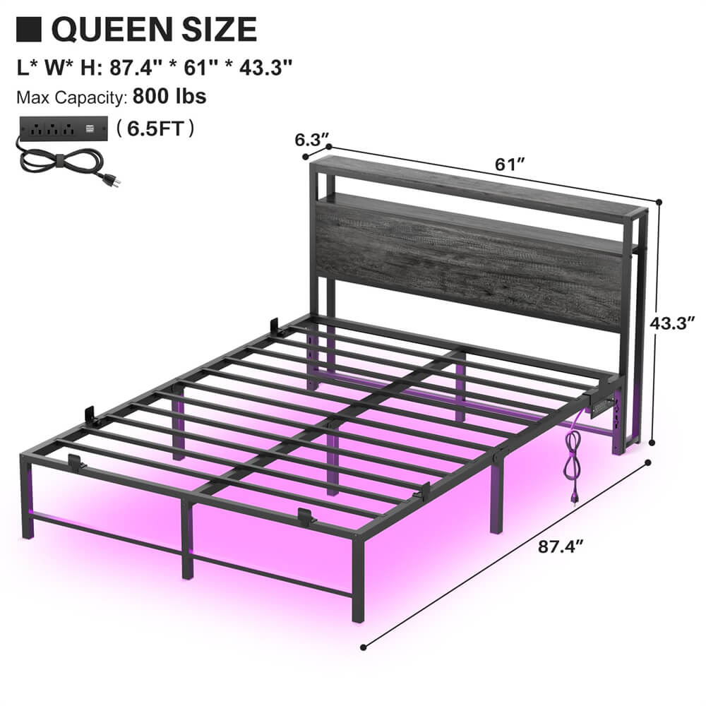 Queen Size Bed Frame with Headboard, Metal Platform Bed Frame with LED Light and Power Outlets