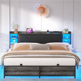 Unikito Queen Size Bed Frame with Charging Station and Cool LED Lights, Sturdy Platform Bed with Upholstered Storage Headboard, Heavy Duty Metal Slats, Noise Free, No Box Spring Needed