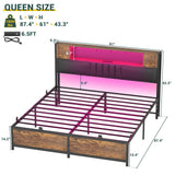 Unikito Queen Size Bed Frame with LED Light and Upholstered Storage Headboard, Metal Platform Full Bed Frame with Charging Station, No Box Spring Needed, Easy Assembly, Noise-Free