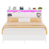 Queen Size Bed Frame with Storage Headboard, Power Outlets, and LED Lights, No Box Spring Needed