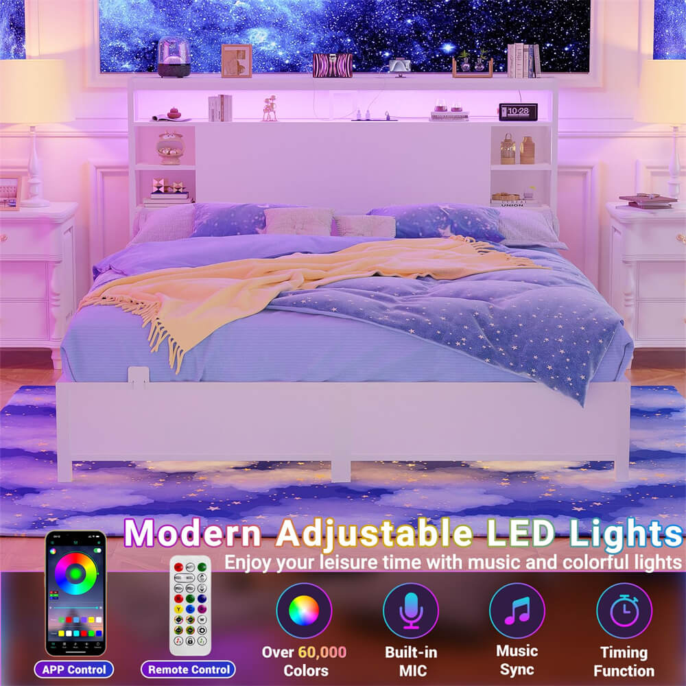 Queen Size Bookcase Headboard with Storage, Power Outlets, and RGB LED Light