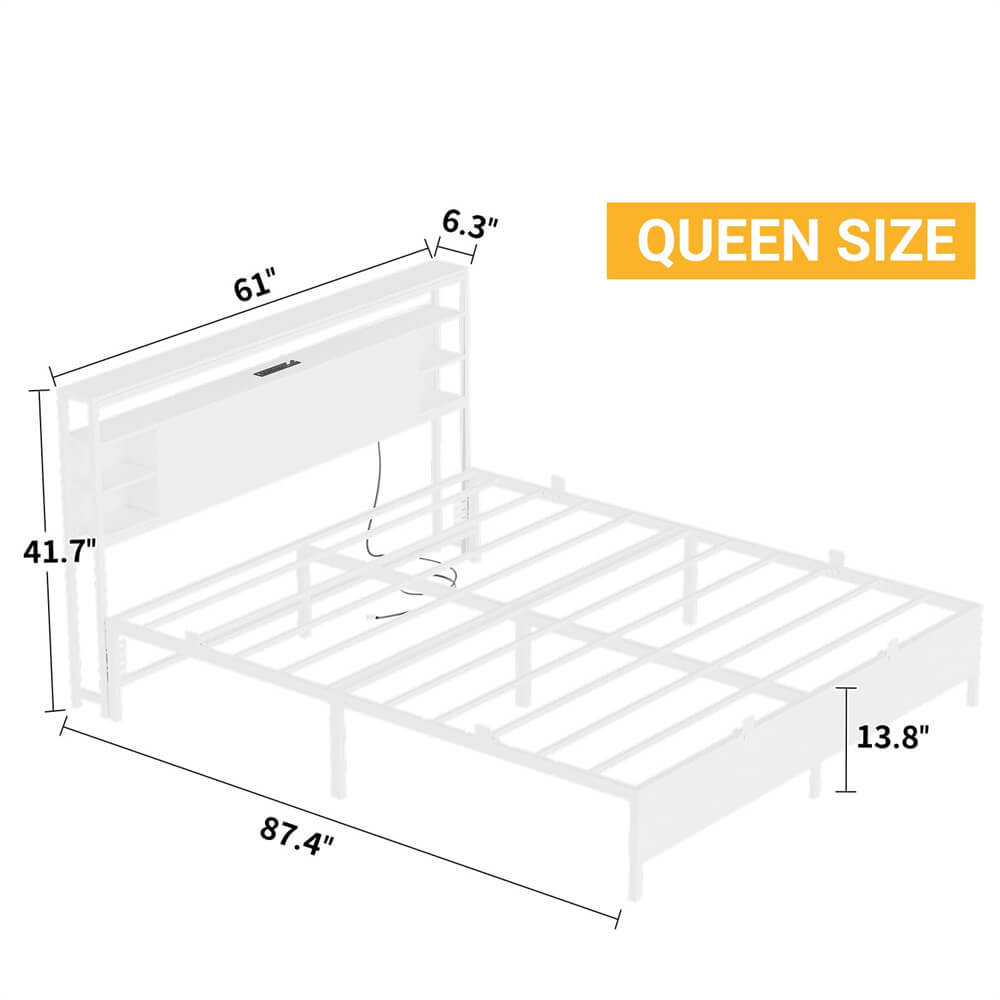 Queen Size Bed Frame with Storage Headboard, Power Outlets, and LED Lights, No Box Spring Needed