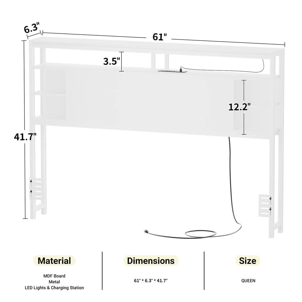 Queen Size Bookcase Headboard with Storage, Power Outlets, and RGB LED Light