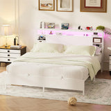 Queen Size Bed Frame with Storage Headboard, Power Outlets, and LED Lights, No Box Spring Needed