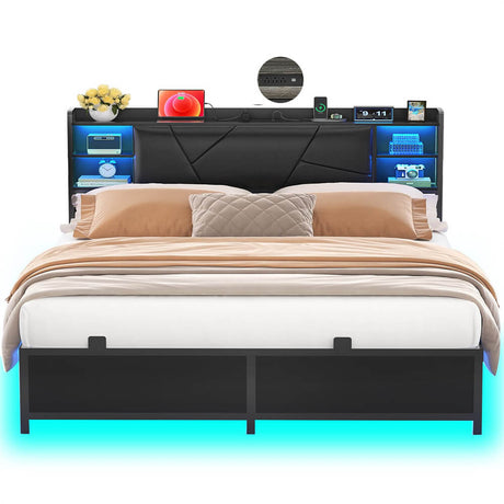 Unikito Queen Size Bed Frame with Charging Station and Cool LED Lights, Sturdy Platform Bed with Upholstered Storage Headboard, Heavy Duty Metal Slats, Noise Free, No Box Spring Needed