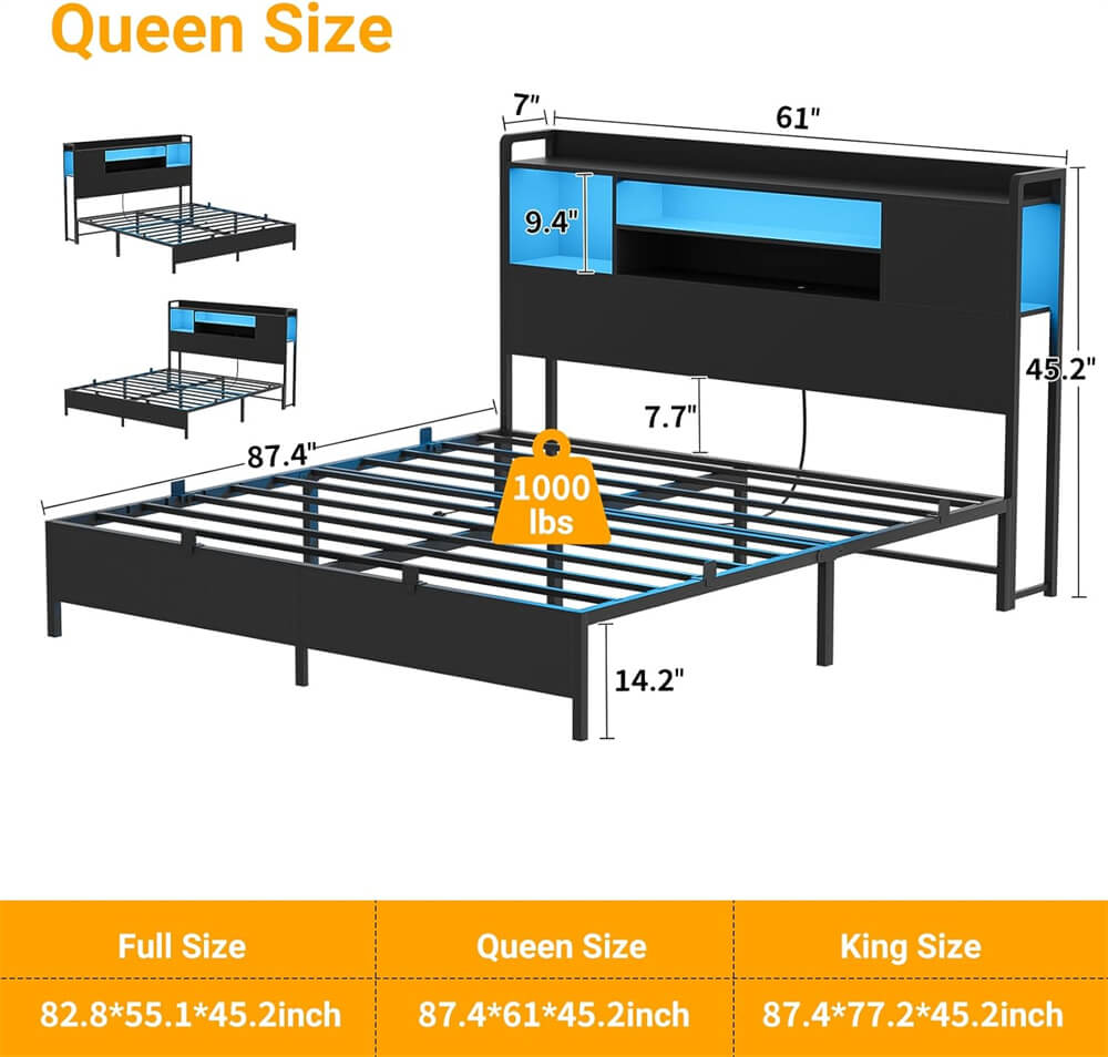 Unikito Metal Bedstead with Headboard, Black Metal Bed Frame with Headboard, Comes with Bookcase, Charging Stations & RGB LED Light, No Box Spring, Noise Free