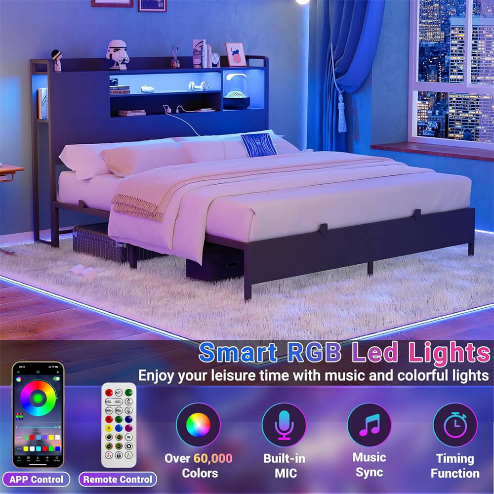 Unikito Metal Bedstead with Headboard, Black Metal Bed Frame with Headboard, Comes with Bookcase, Charging Stations & RGB LED Light, No Box Spring, Noise Free