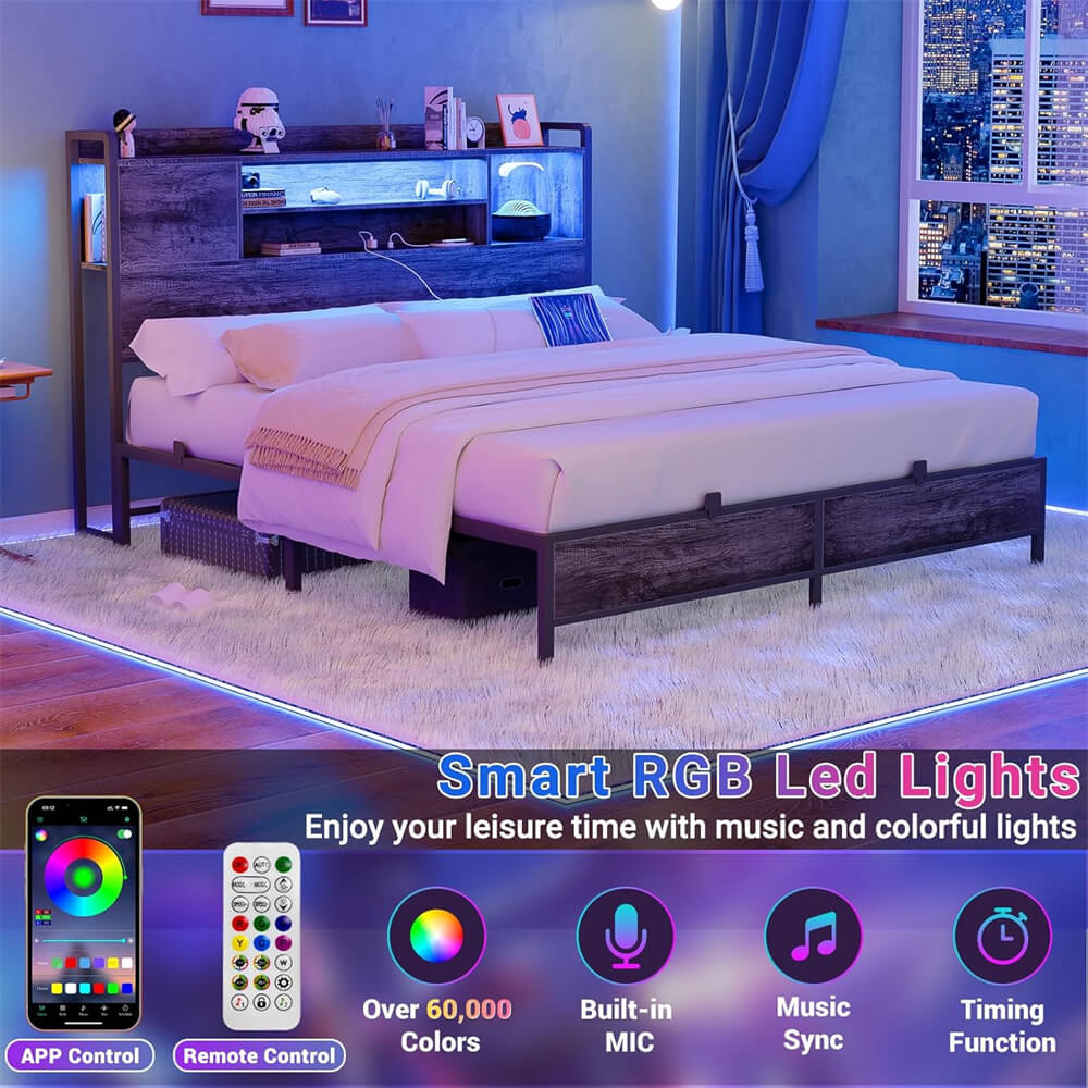 Unikito Metal Bedstead with Headboard, Black Metal Bed Frame with Headboard, Comes with Bookcase, Charging Stations & RGB LED Light, No Box Spring, Noise Free