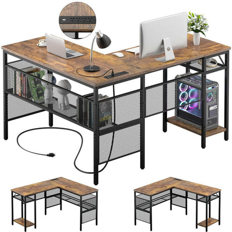 Unikito L Shaped Computer Desk with Power Outlet and USB Charging Port, Reversible L-Shaped Office Desks with Storage Shelves, Unique Grid Design, 2 Person Corner Desk for Home Office