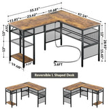 Unikito L Shaped Computer Desk with Power Outlet and USB Charging Port, Reversible L-Shaped Office Desks with Storage Shelves, Unique Grid Design, 2 Person Corner Desk for Home Office