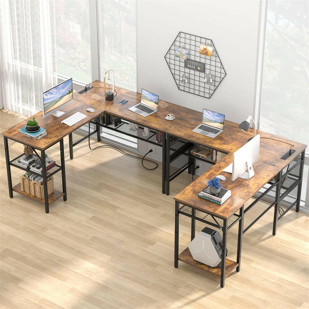 Unikito L Shaped Computer Desk with Power Outlet and USB Charging Port, Reversible L-Shaped Office Desks with Storage Shelves, Unique Grid Design, 2 Person Corner Desk for Home Office