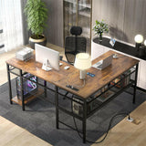 Unikito L Shaped Computer Desk with Power Outlet and USB Charging Port, Reversible L-Shaped Office Desks with Storage Shelves, Unique Grid Design, 2 Person Corner Desk for Home Office