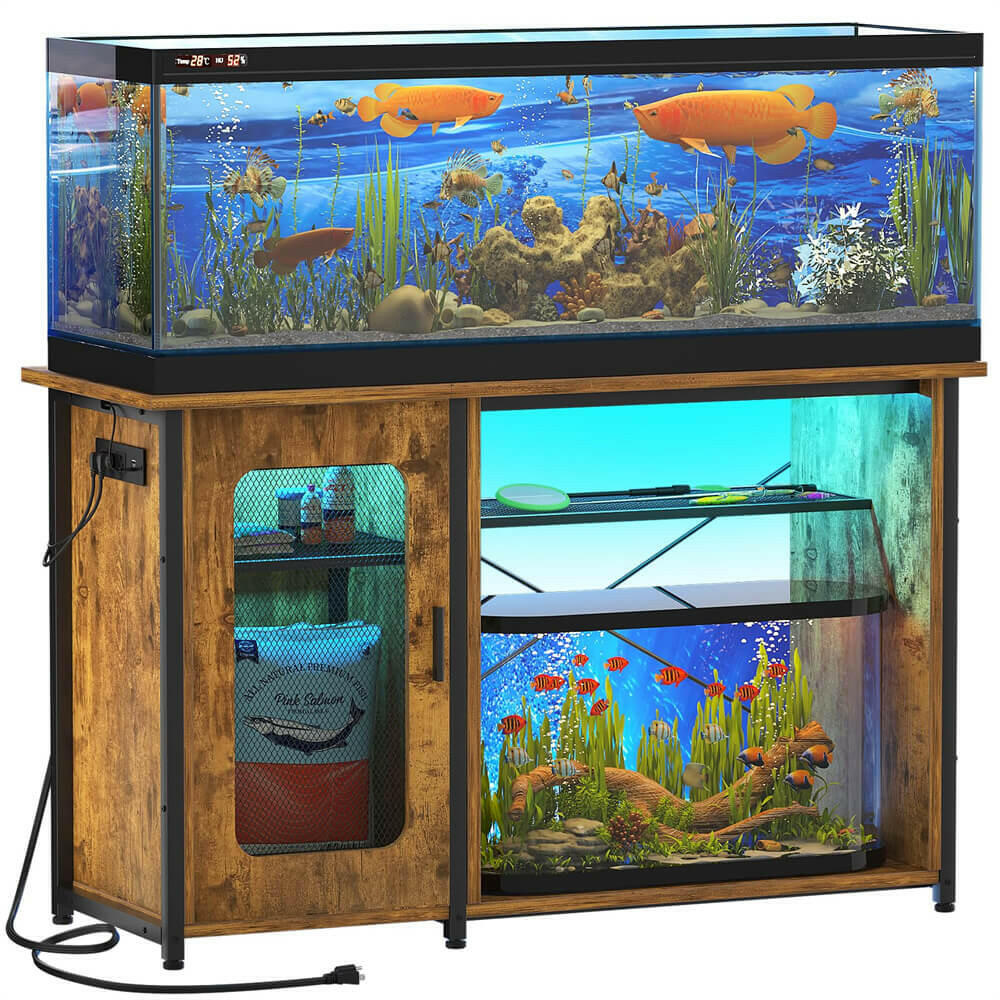 Unikito 55-75 Gallon Fish Tank Stand with Power Outlets & LED Light, Reversible Heavy Duty Metal Aquarium Stand with Cabinet for Fish Tank Accessories Storage, Turtle/Reptile Terrariums