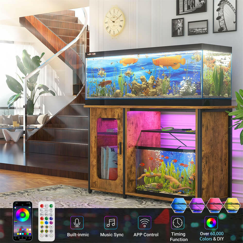 Unikito 55-75 Gallon Fish Tank Stand with Power Outlets & LED Light, Reversible Heavy Duty Metal Aquarium Stand with Cabinet for Fish Tank Accessories Storage, Turtle/Reptile Terrariums