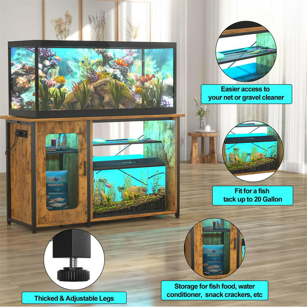 Unikito 55-75 Gallon Fish Tank Stand with Power Outlets & LED Light, Reversible Heavy Duty Metal Aquarium Stand with Cabinet for Fish Tank Accessories Storage, Turtle/Reptile Terrariums