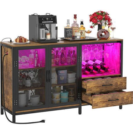 Unikito Wine Bar Cabinet with Charging Station and LED Lights, Liquor Cabinet Bar with Wine Rack, Industrial Sideboard Buffet with Drawers, Farmhouse Wood Mental Coffee Bar for Home, Kitchen
