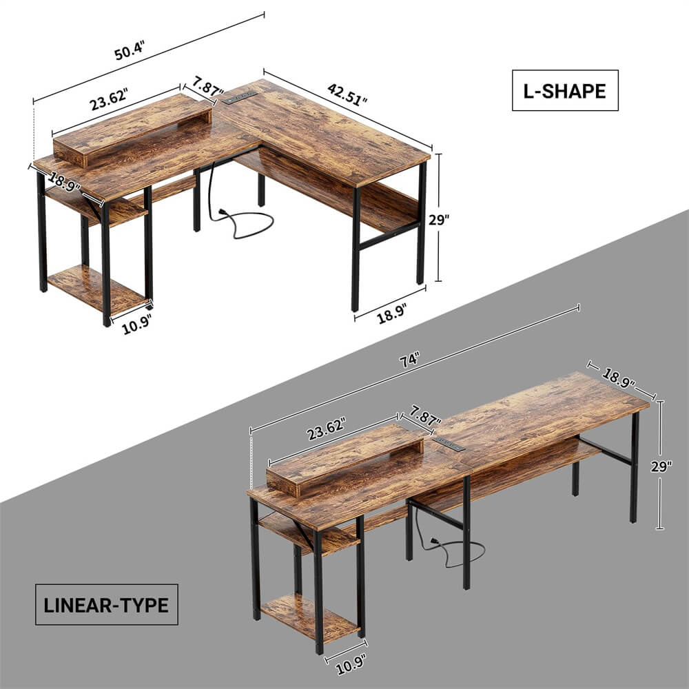 Unikito Reversible L Shaped Desk with Power Outlets and RGB LED Light, Sturdy Computer Desk with Ergonomic Monitor Stand and Storage Shelves, Corner Desk for Home Office, Easy Assembly