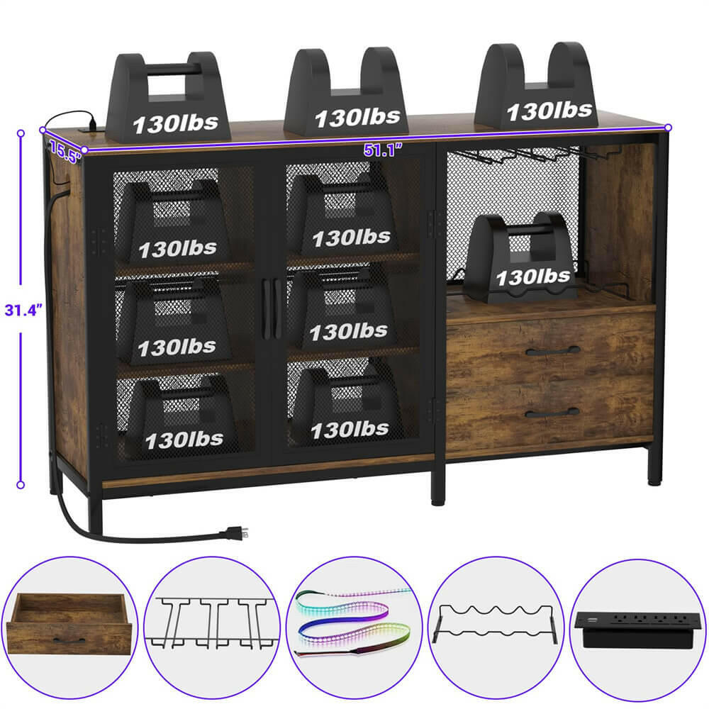 Unikito Wine Bar Cabinet with Charging Station and LED Lights, Liquor Cabinet Bar with Wine Rack, Industrial Sideboard Buffet with Drawers, Farmhouse Wood Mental Coffee Bar for Home, Kitchen