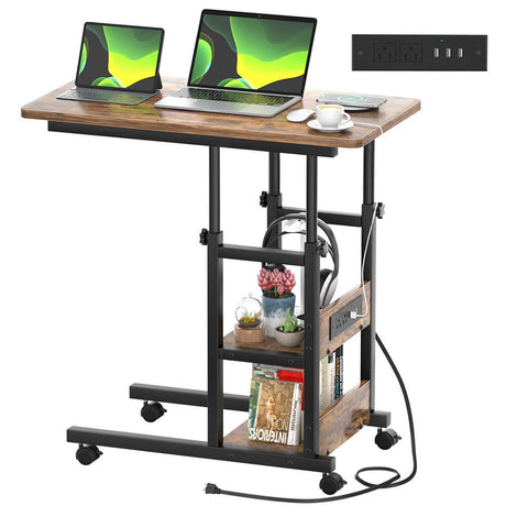 2-Tier Height Adjustable C Shaped End Table with Charging Station, with USB Ports and Wheels