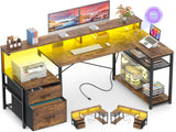 Reversible L Shaped Computer Desk Gaming Desk with File Drawer,  Power Outlet & LED Strip