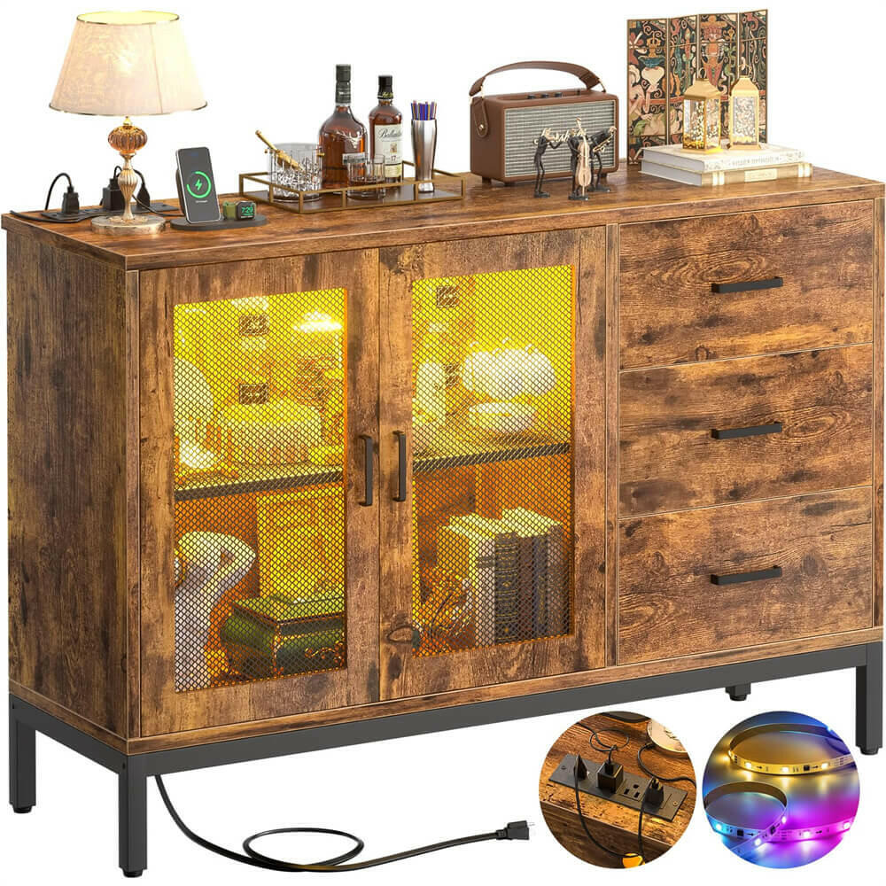 Unikito Sideboard Buffet Cabinet with 3 Wood Drawers, Storage Cabinet with Power Outlet, Coffee Bar Cabinet with LED Light, Modern Cabinet Console Table for Kitchen Dining Room