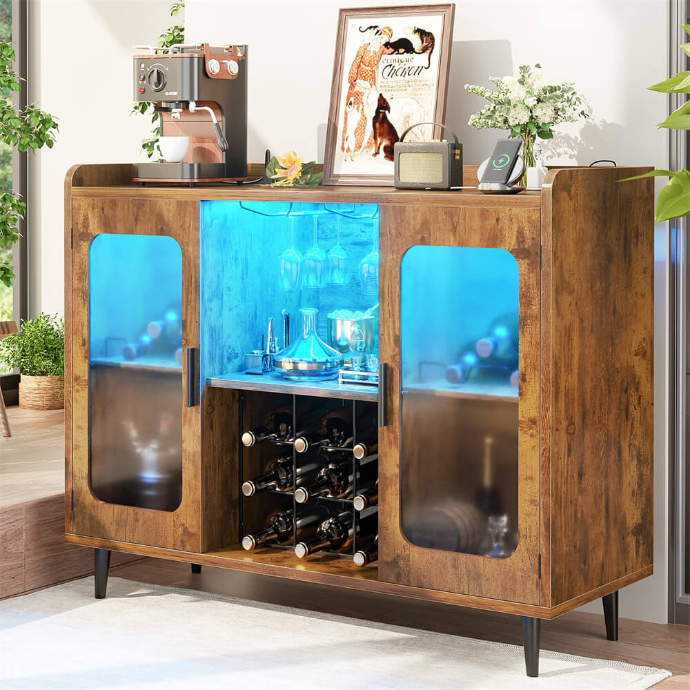 Unikito Wine Bar Cabinet with Power Outlet, Liquor Cabinet Bar with LED Light and Glass Holder, Home Coffee Bar Cabinet, Buffet Sideboard with Storage Shelf for Kitchen, Dining Room